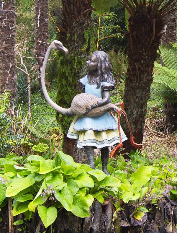 Alice with Flamingo - Bronze Garden Sculpture