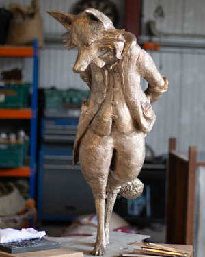 Jeremy Fisher sculpture during the patination stage