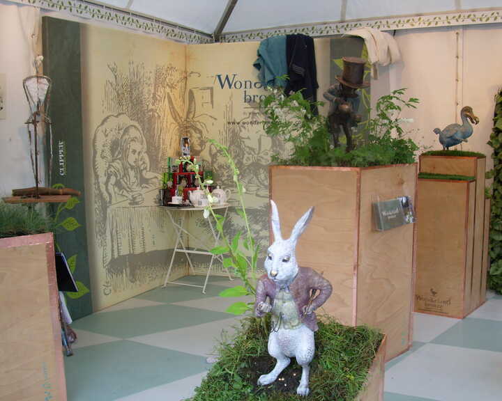 White Rabbit, Mad Hatter and Dodo bronze garden sculptures on display at RHS Chelsea Flower Show 2011