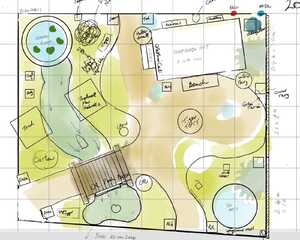 Hand-drawn illustrations floorplan of Robert James Workshop stand at RHS Chelsea Flower Show top-down view Hand-drawn illustrations floorplan of Robert James Workshop stand at RHS Chelsea Flower Show top-down view