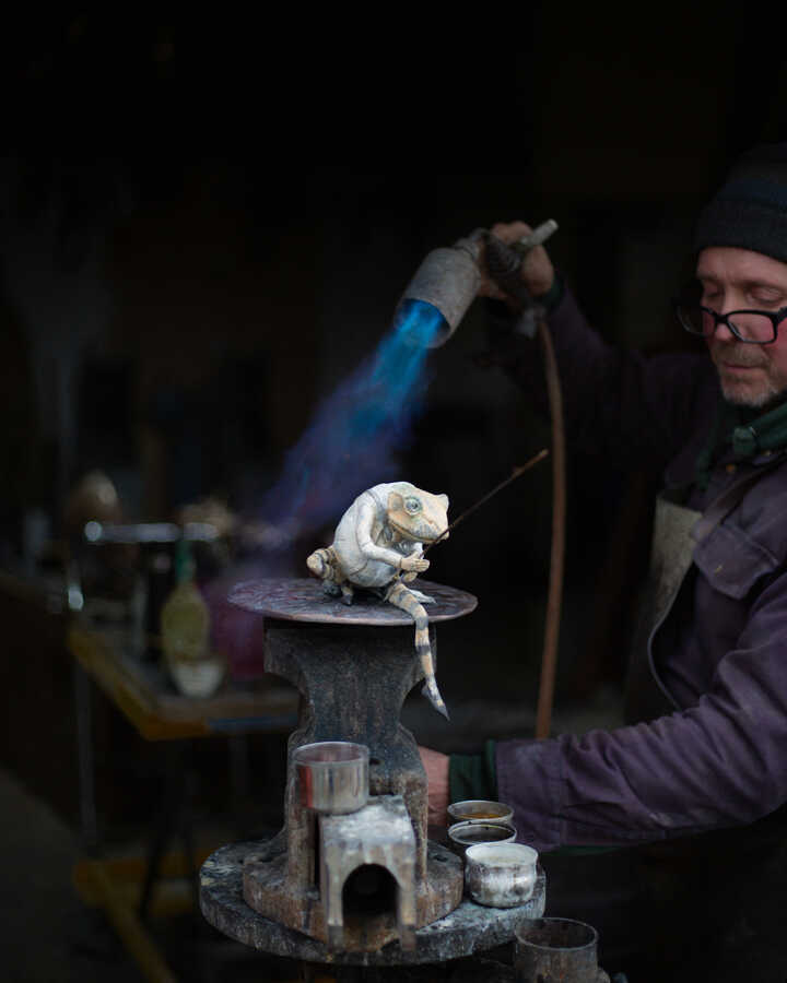 Jeremy Fisher sculpture during the patination stage