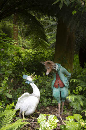 Jemima Puddle-Duck and Mr. Tod garden scupture on display