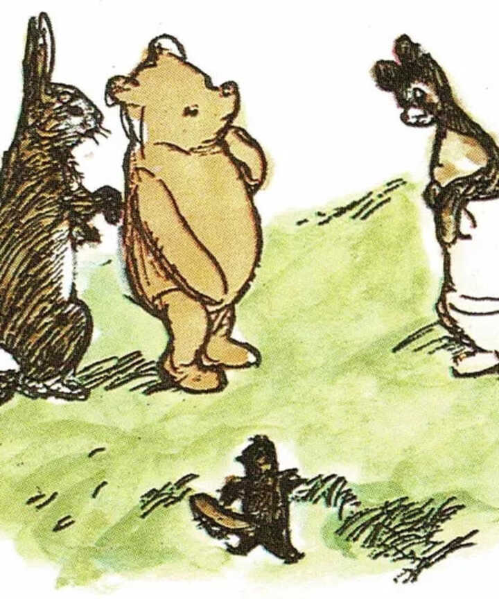 Hand-drawn illustrations of Winnie-the-Pooh, Piglet, Kanga, and Rabbit, by E.H Shepard