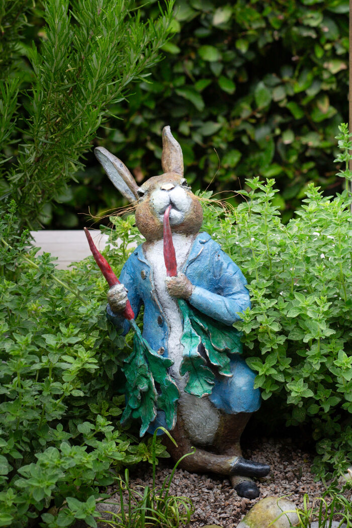 Peter Rabbit eating Radishes - Bronze Garden Sculpture