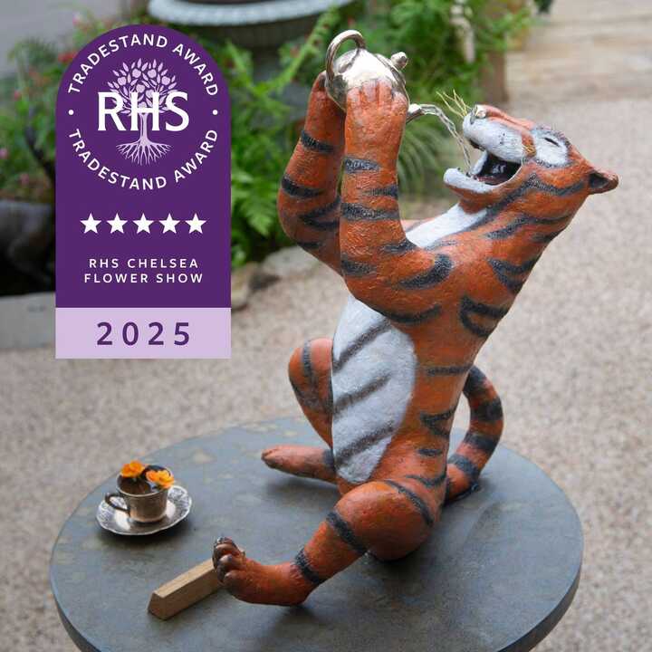 The Tiger Who Came to Tea bronze garden sculpture on display at RHS Chelsea Flower Show 2025