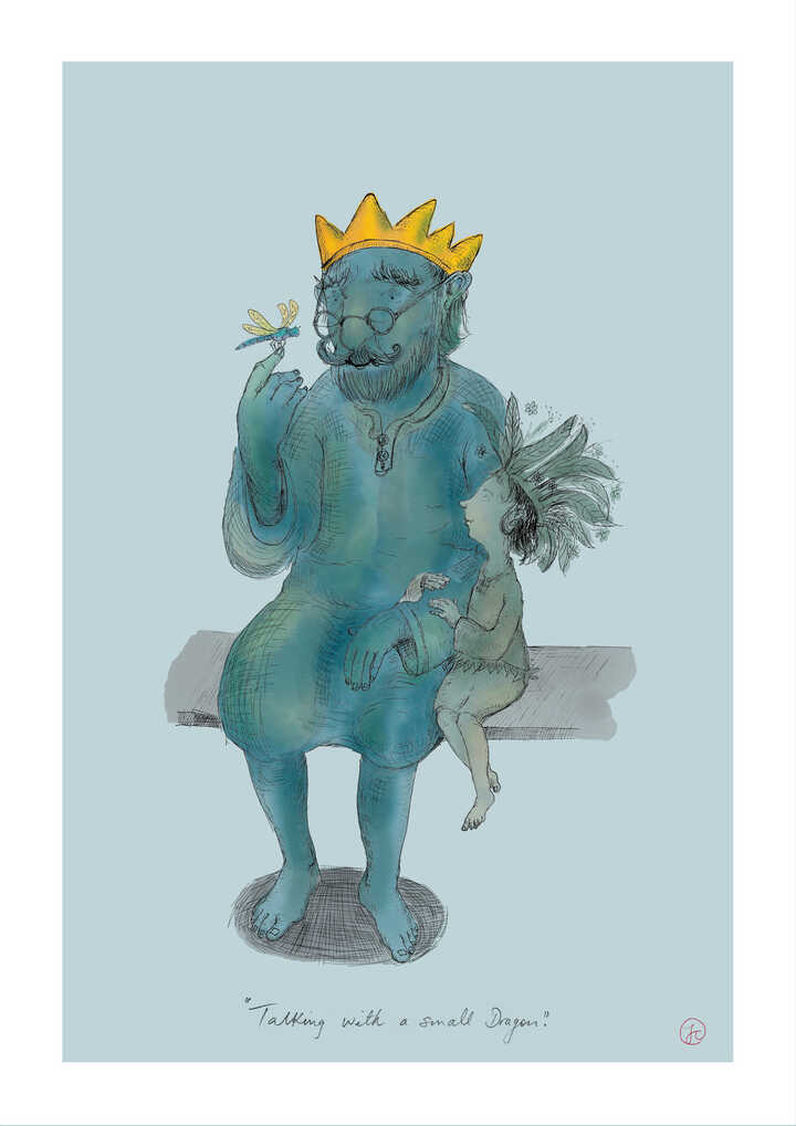 barefoot king talking with a small dragon