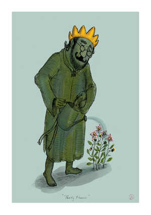 barefoot king watering flowers