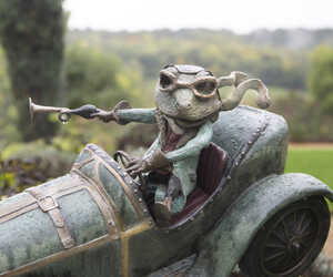 toad of toad hall garden sculpture - Mr. Toad sits in his motor car, wearing goggles, honking the horn