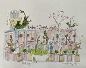 Hand-drawn illustrations of Robert James Workshop stand at RHS Chelsea Flower Show