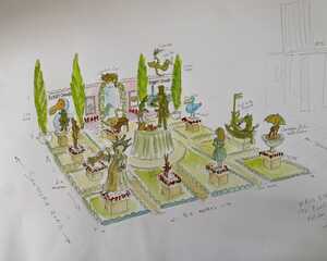 Hand-drawn illustrations of Robert James Workshop stand at RHS Chelsea Flower Show