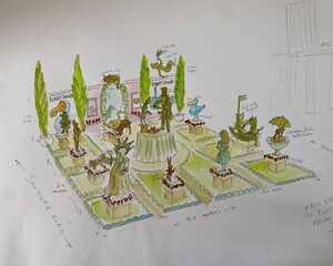 Hand-drawn illustrations of Robert James Workshop stand at RHS Chelsea Flower Show Hand-drawn illustrations of Robert James Workshop stand at RHS Chelsea Flower Show